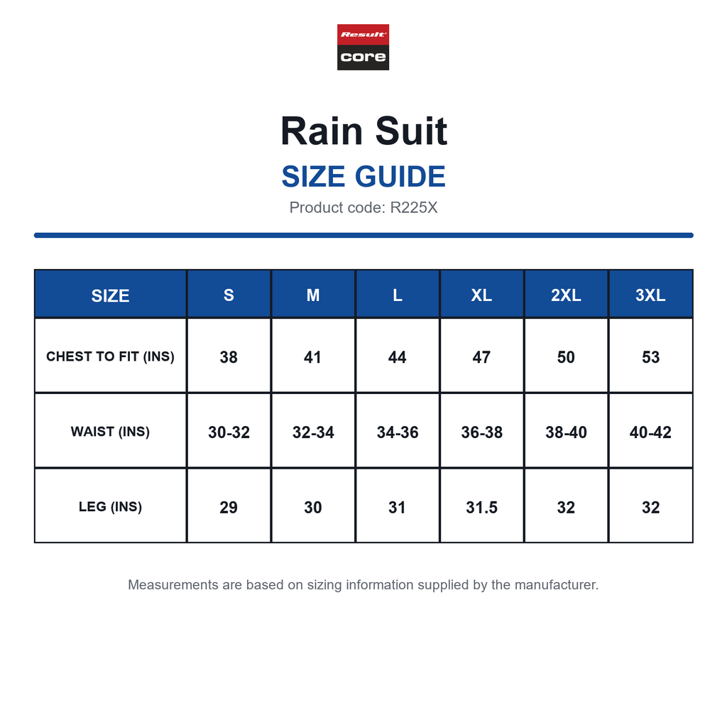 R225X Result Core Rain Suit size guide (R225X)
