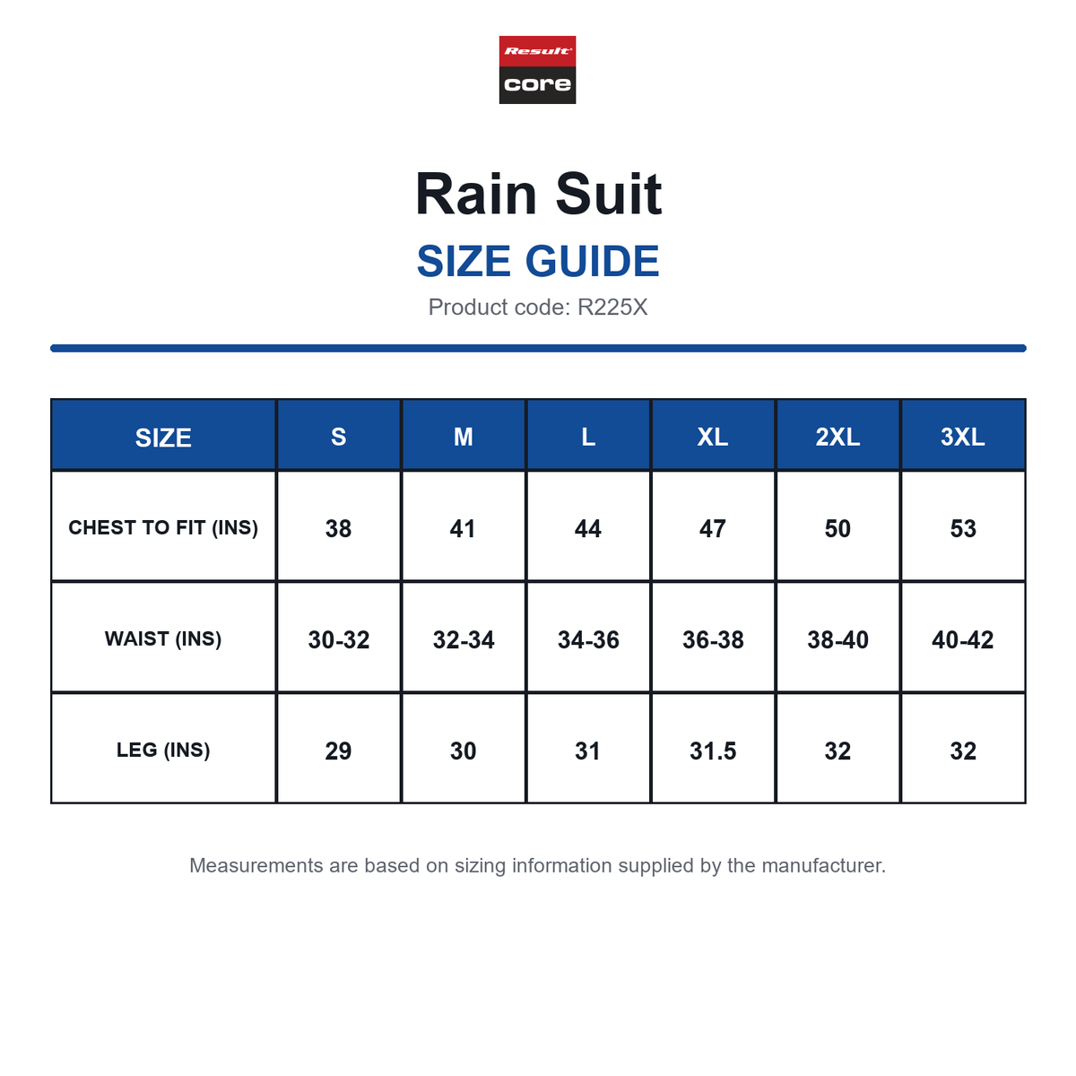 R225X Result Core Rain Suit size guide (R225X)