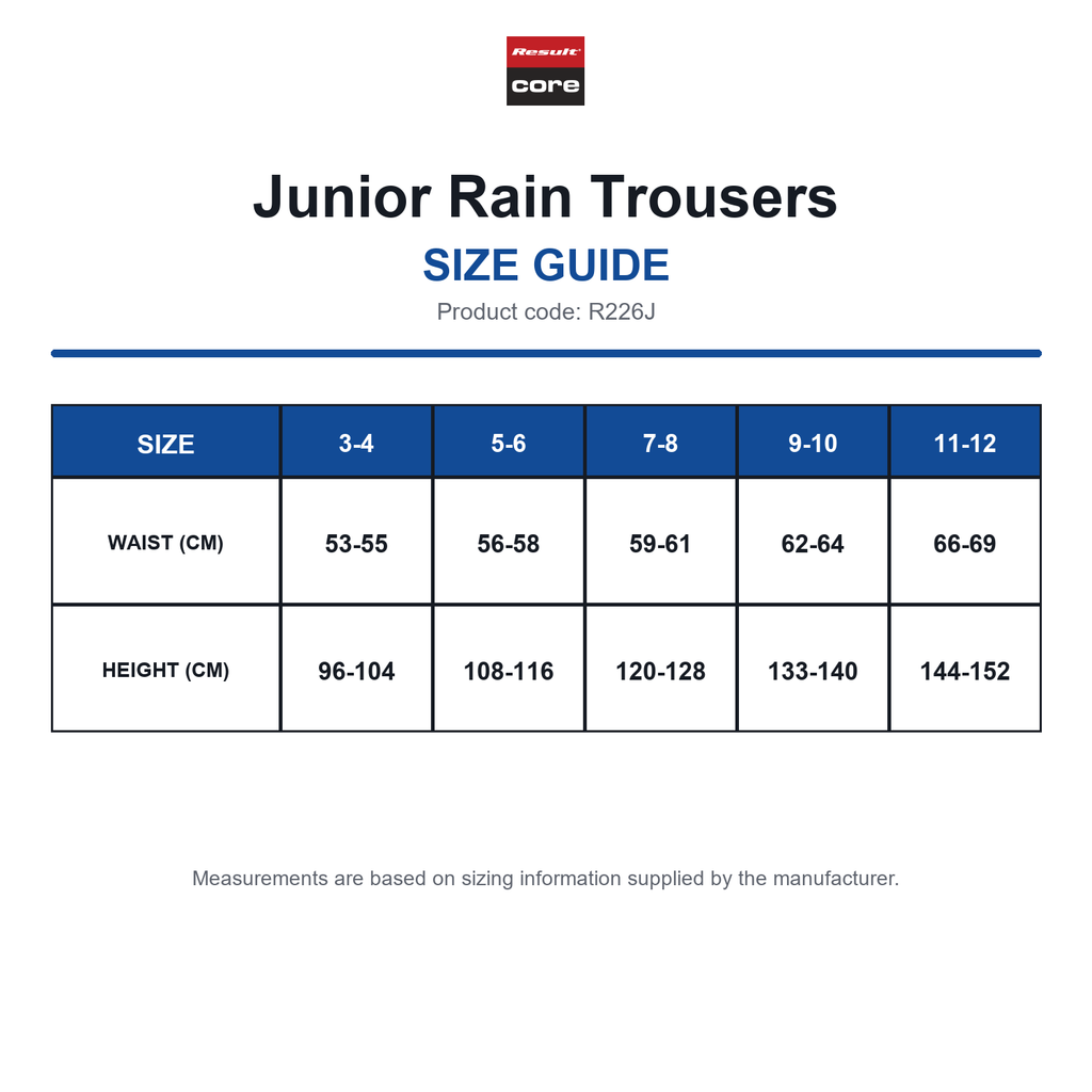 R226J Result Core Junior Rain Trousers size guide (R226J)