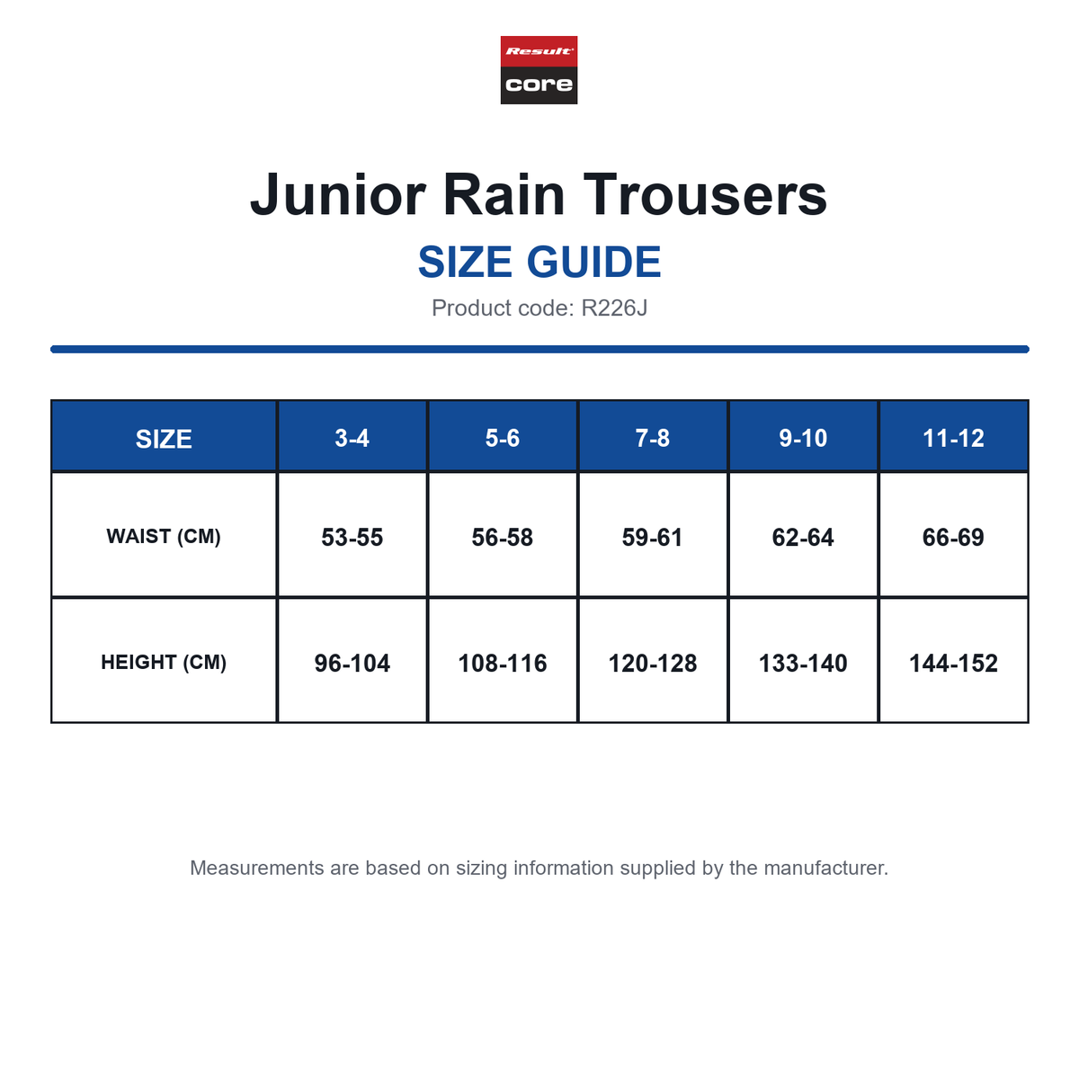 R226J Result Core Junior Rain Trousers size guide (R226J)