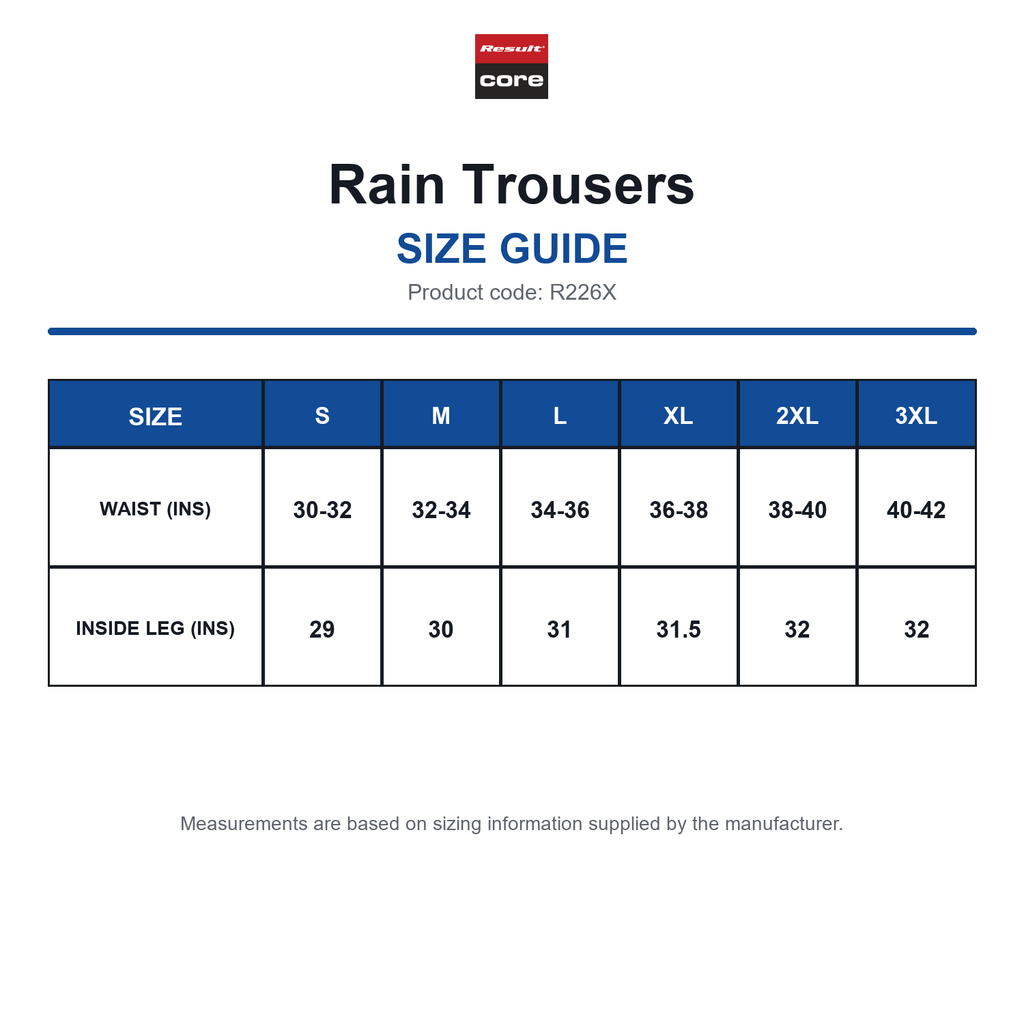 R226X Result Core Rain Trousers size guide (R226X)