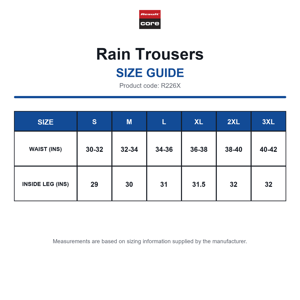 R226X Result Core Rain Trousers size guide (R226X)