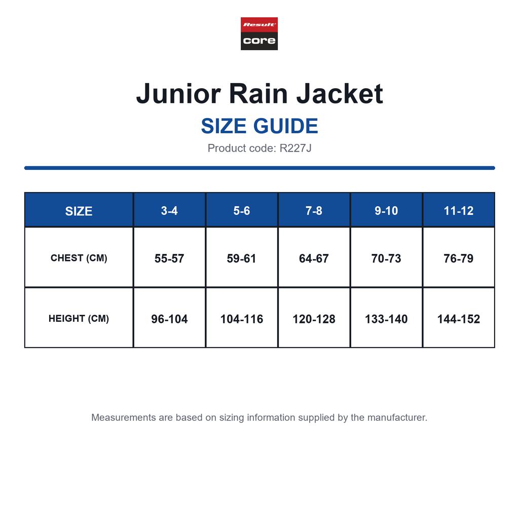 R227J Result Core Junior Rain Jacket size guide (R227J)