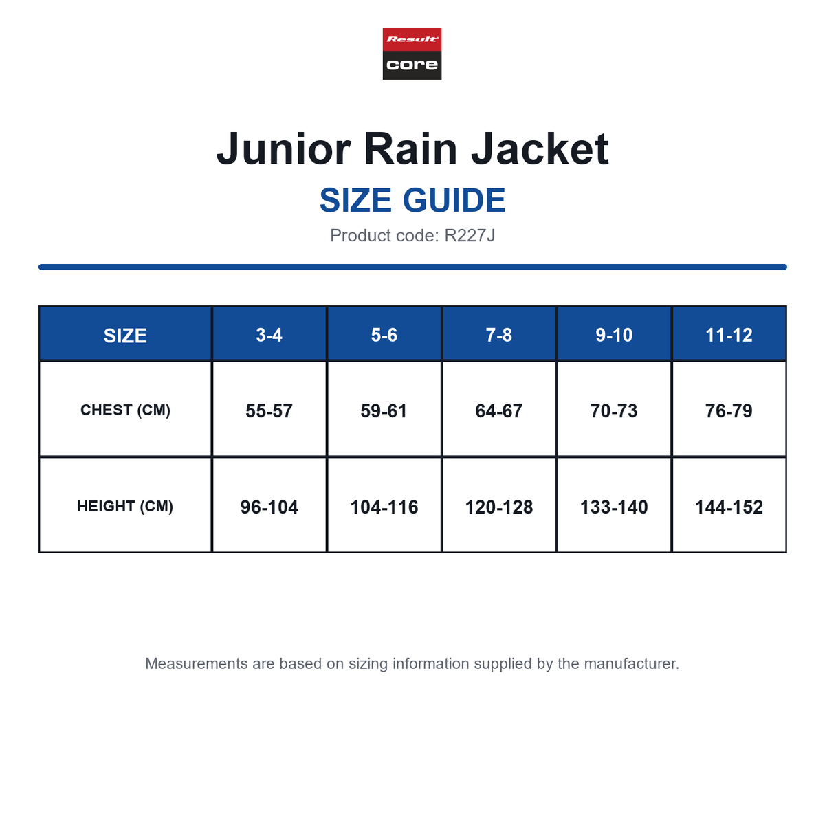 R227J Result Core Junior Rain Jacket size guide (R227J)