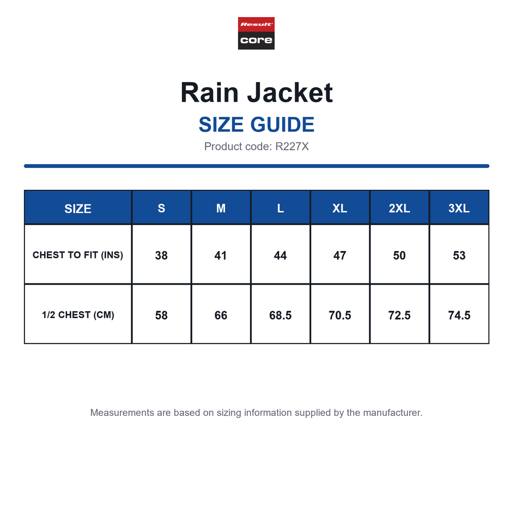 R227X Result Core Rain Jacket size guide (R227X)