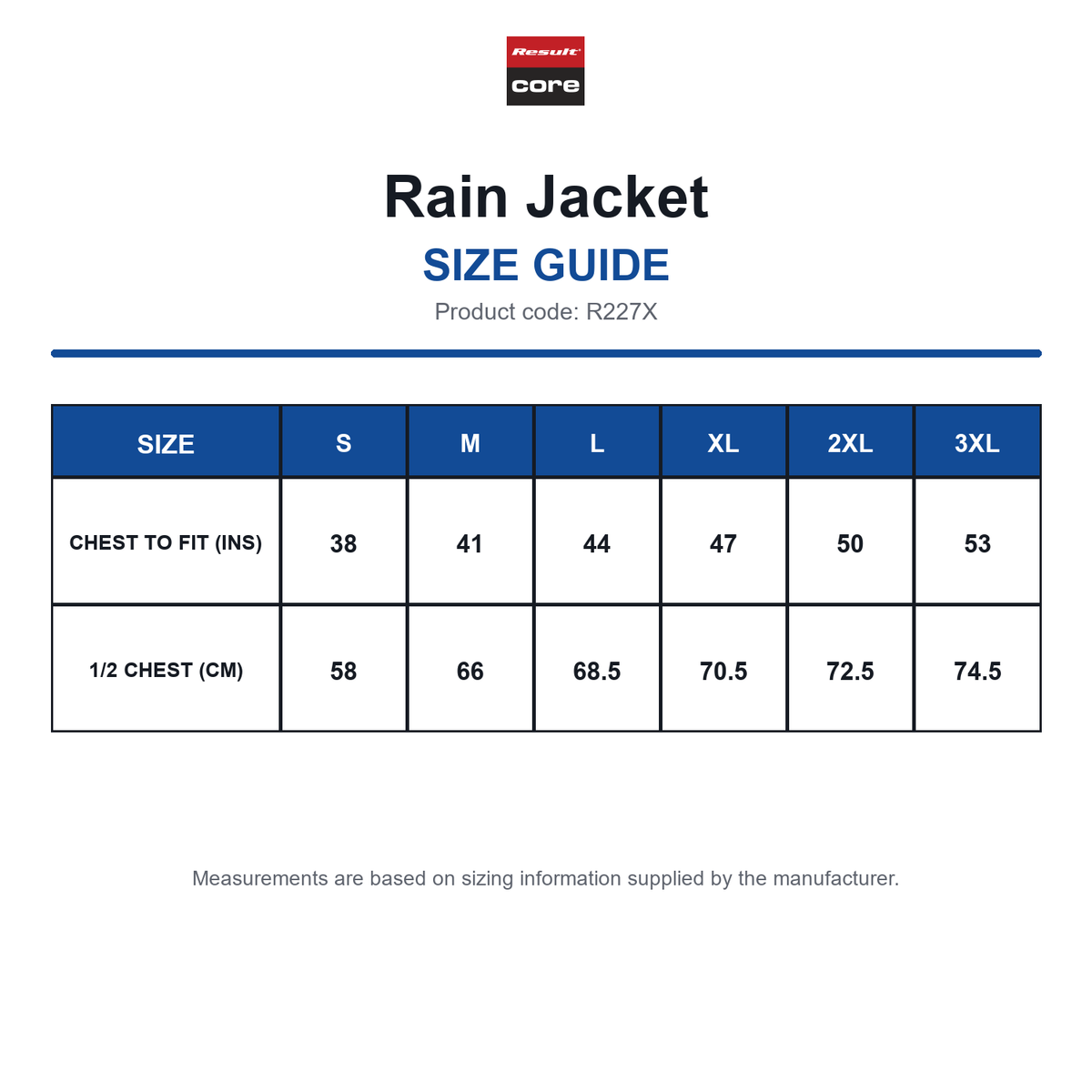 R227X Result Core Rain Jacket size guide (R227X)