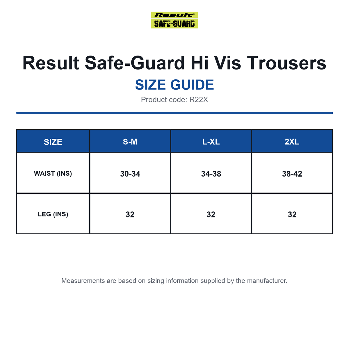 R22X Result Safe-Guard Hi Vis Trousers size guide (R22X)