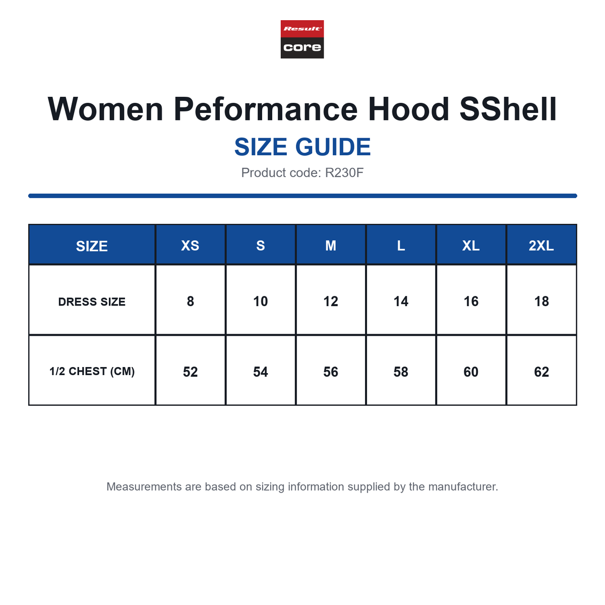 R230F Result Core Women Peformance Hood SShell size guide (R230F)