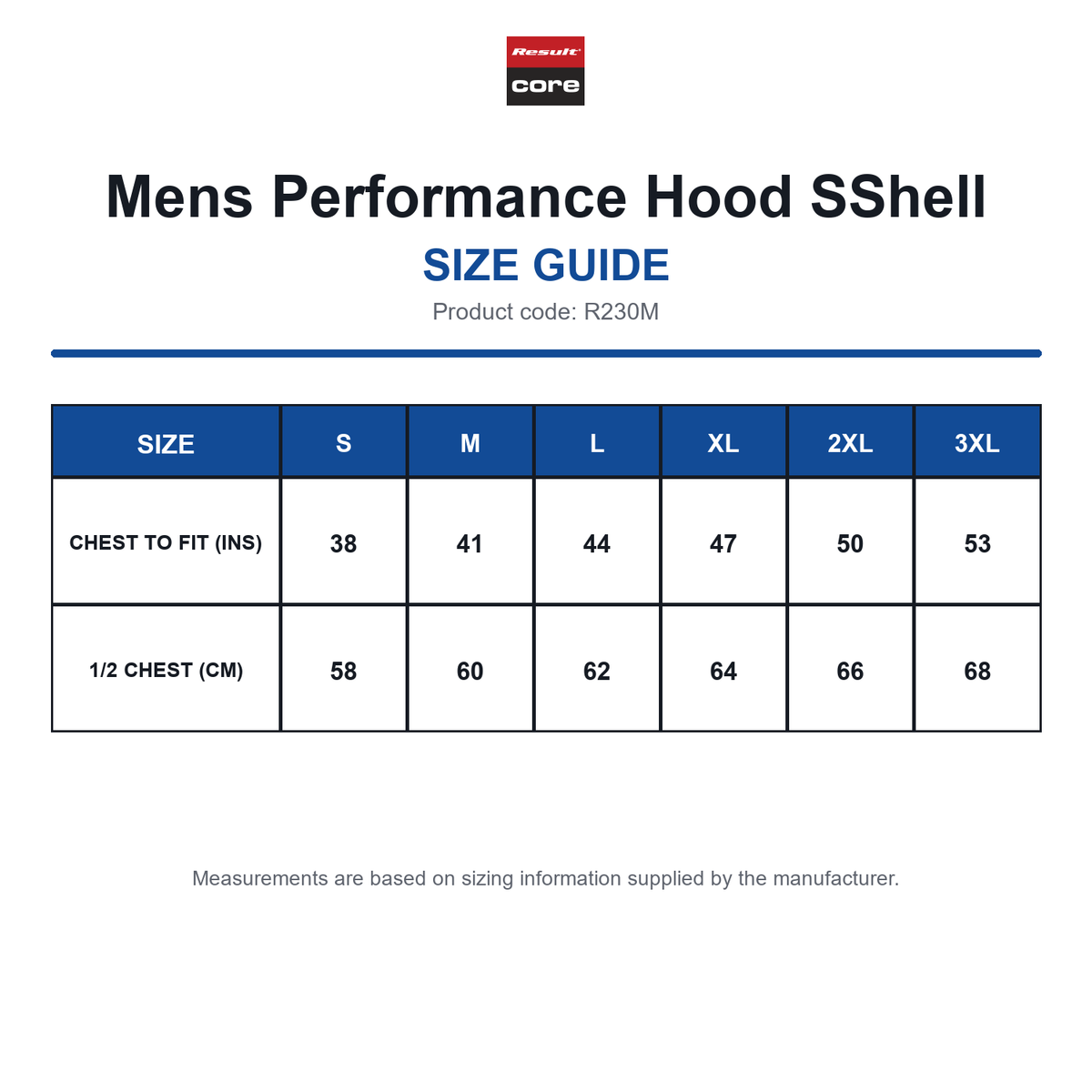 R230M Result Core Mens Performance Hood SShell size guide (R230M)