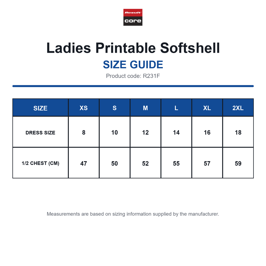 R231F Result Core Ladies Printable Softshell size guide (R231F)
