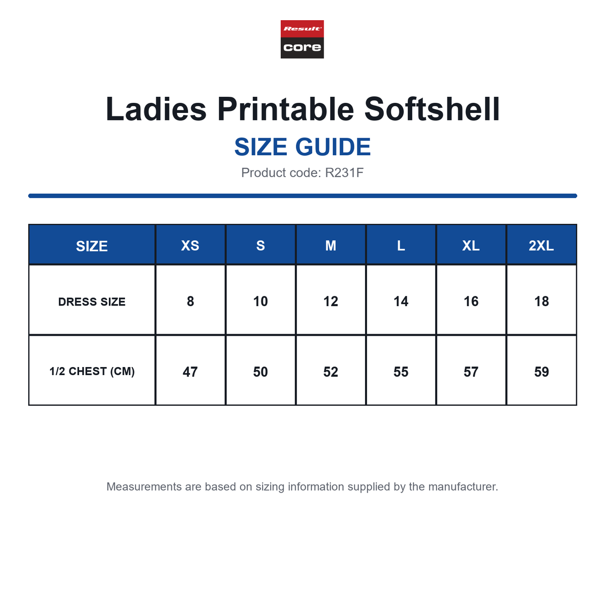R231F Result Core Ladies Printable Softshell size guide (R231F)