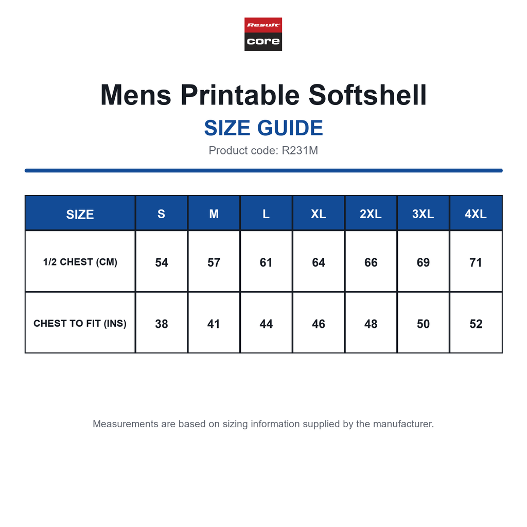 R231M Result Core Mens Printable Softshell size guide (R231M)
