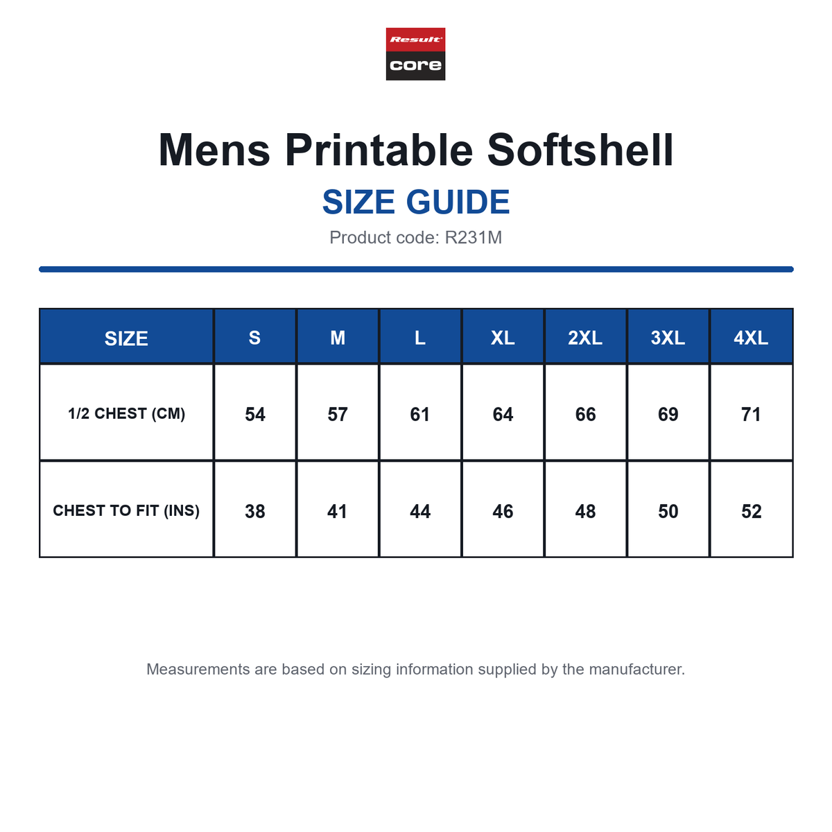 R231M Result Core Mens Printable Softshell size guide (R231M)