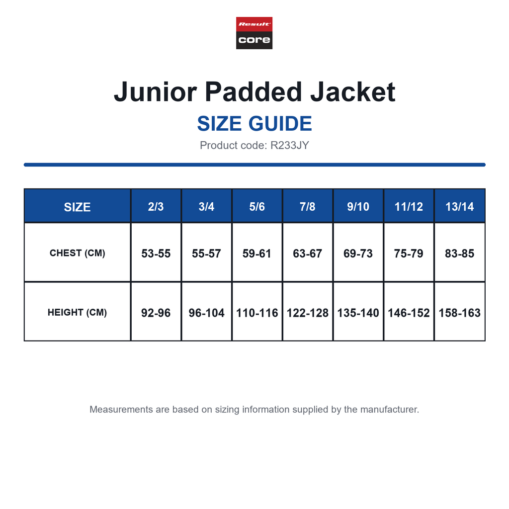 R233JY Result Core Junior Padded Jacket size guide (R233JY)