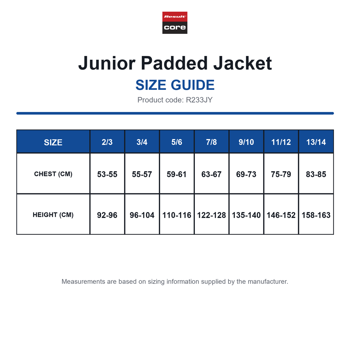 R233JY Result Core Junior Padded Jacket size guide (R233JY)