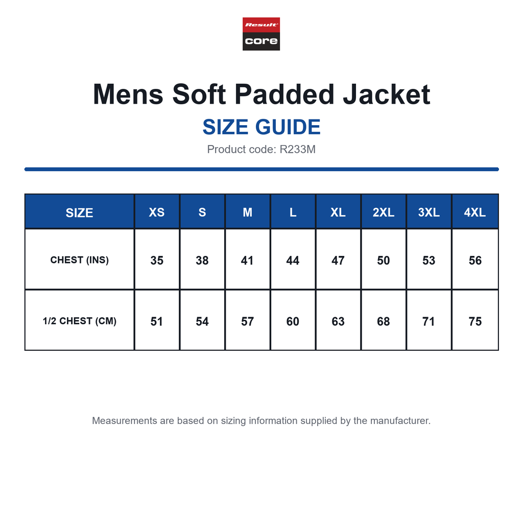 R233M Result Core Mens Soft Padded Jacket size guide (R233M)
