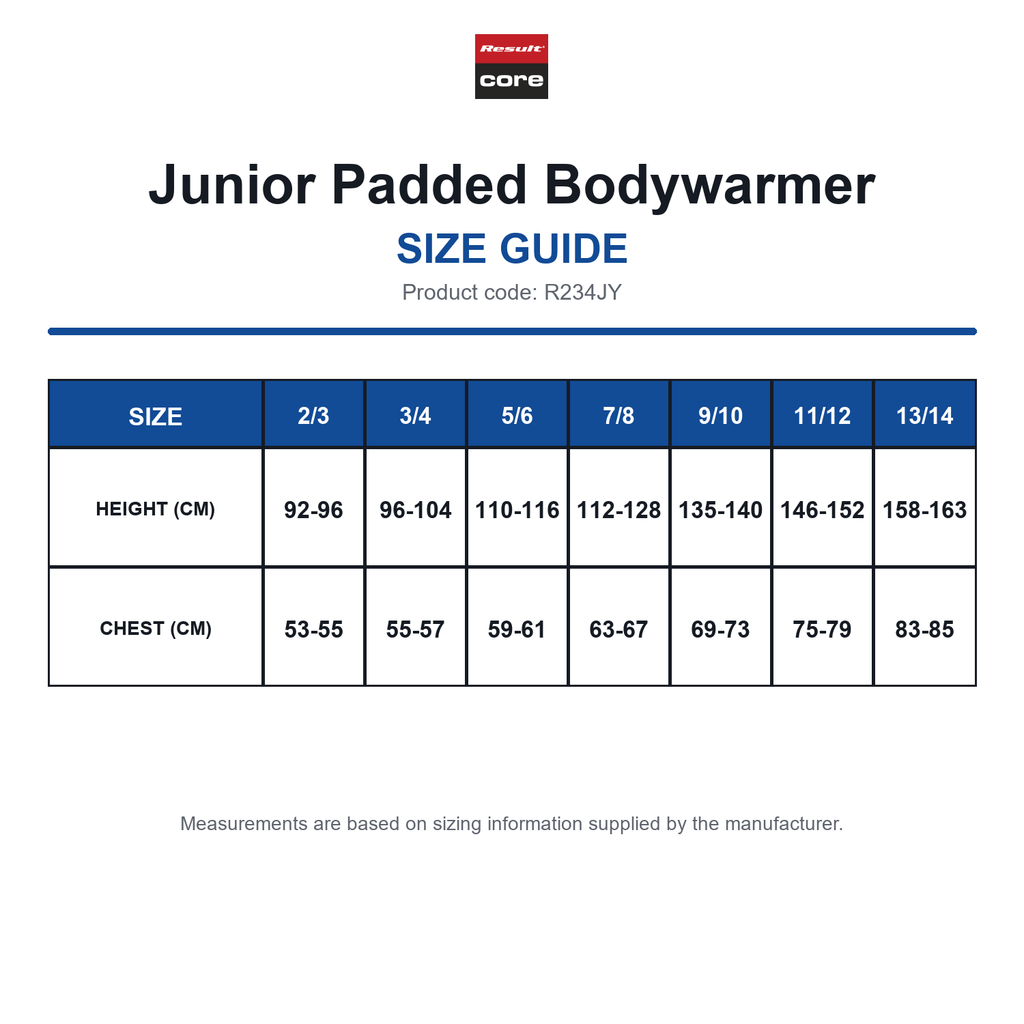 R234JY Result Core Junior Padded Bodywarmer size guide (R234JY)