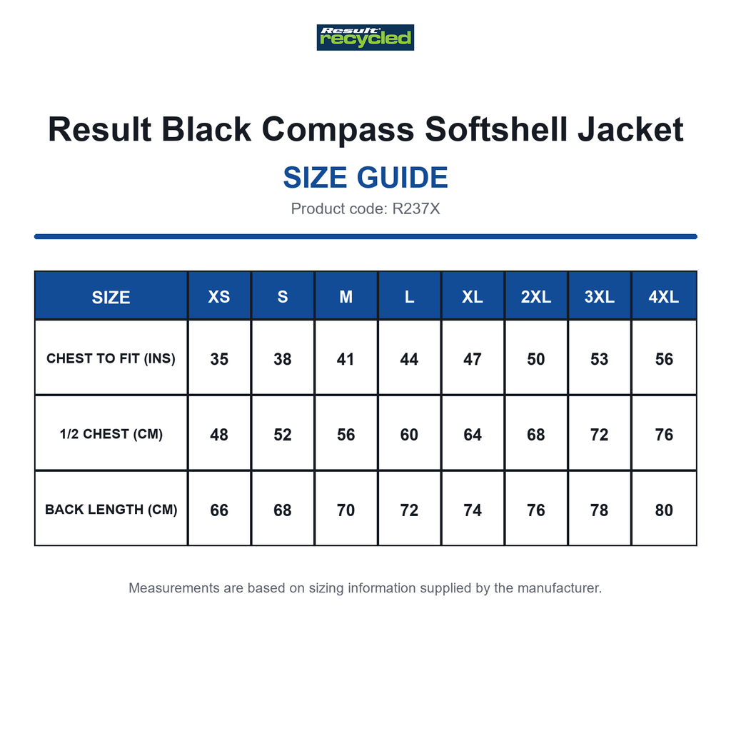 R237X Result Black Compass Softshell Jacket size guide (R237X)