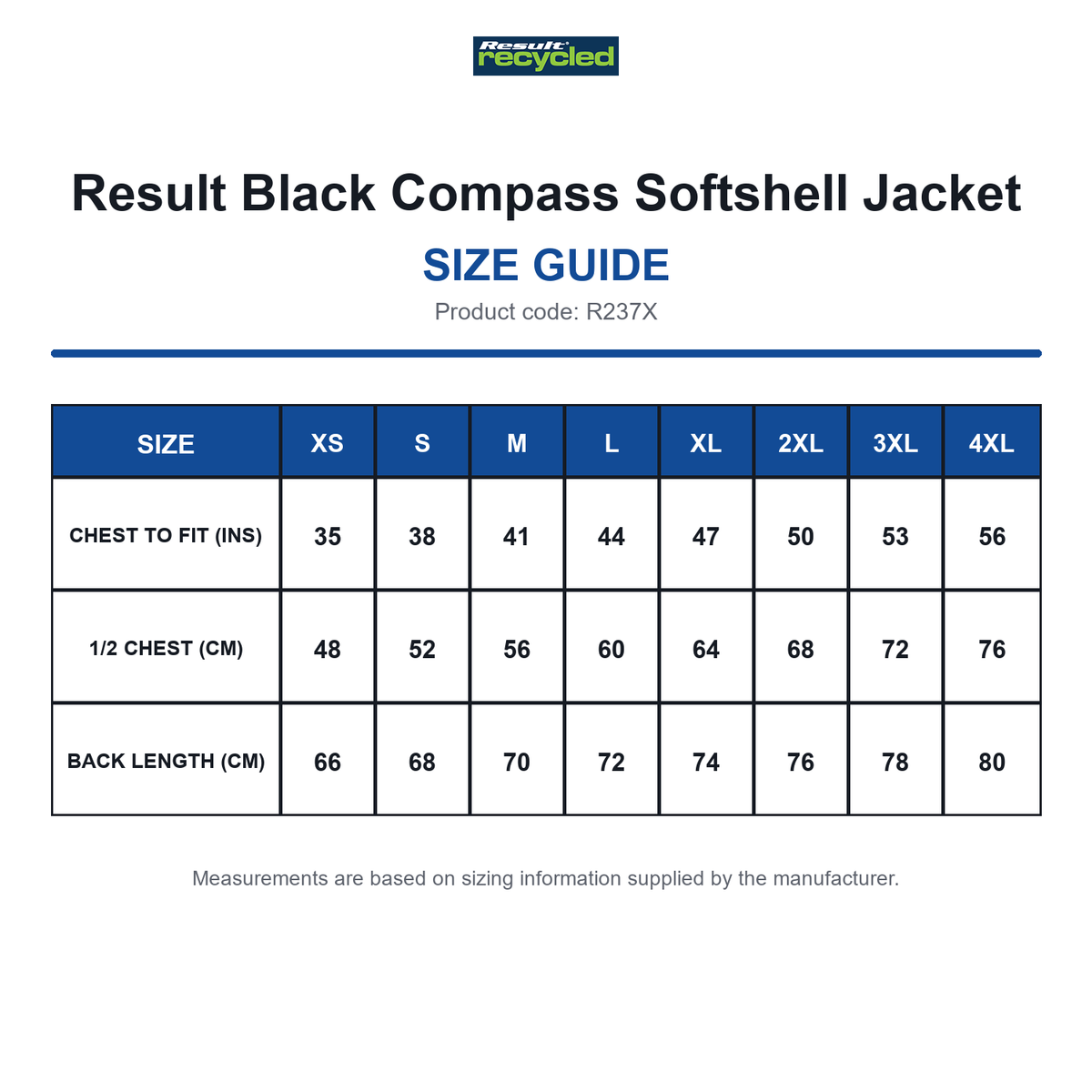 R237X Result Black Compass Softshell Jacket size guide (R237X)