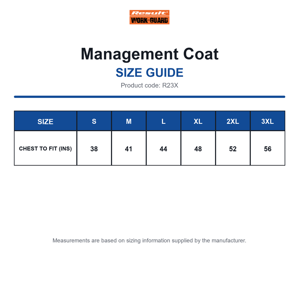 R23X Result Workguard Management Coat size guide (R23X)
