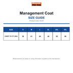 R23X Result Workguard Management Coat size guide (R23X)
