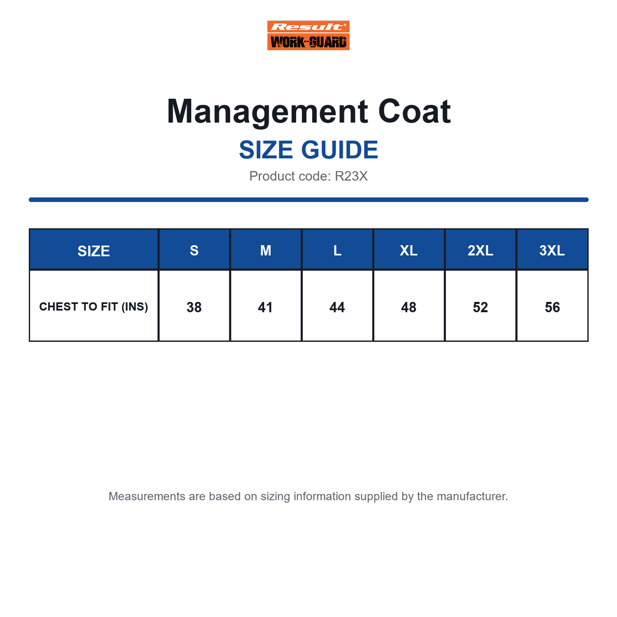 R23X Result Workguard Management Coat size guide (R23X)
