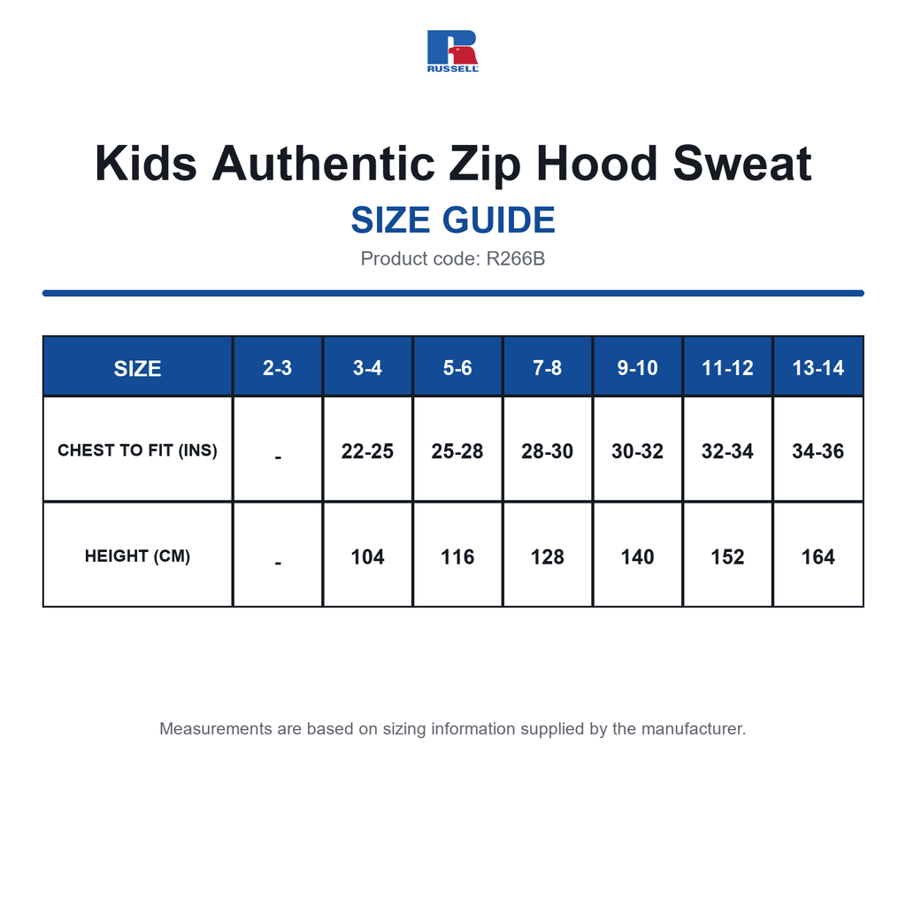 R266B Russell Kids Authentic Zip Hood Sweat size guide (R266B)