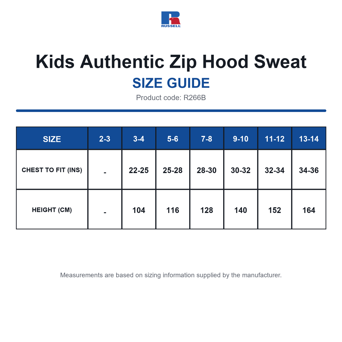 R266B Russell Kids Authentic Zip Hood Sweat size guide (R266B)