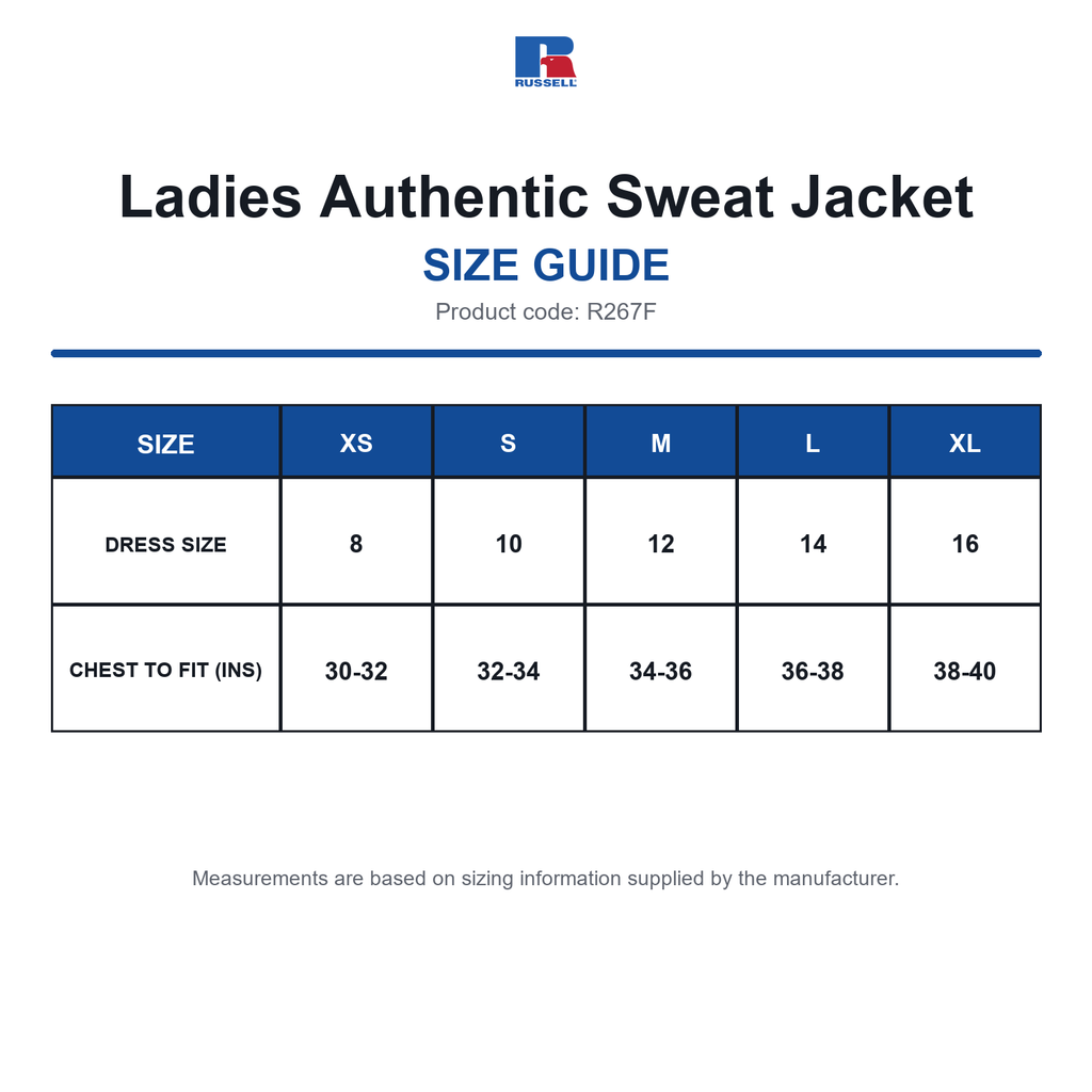 R267F Russell Ladies Authentic Sweat Jacket size guide (R267F)