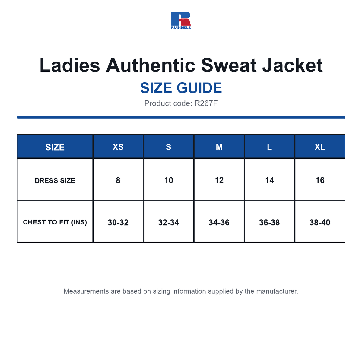 R267F Russell Ladies Authentic Sweat Jacket size guide (R267F)