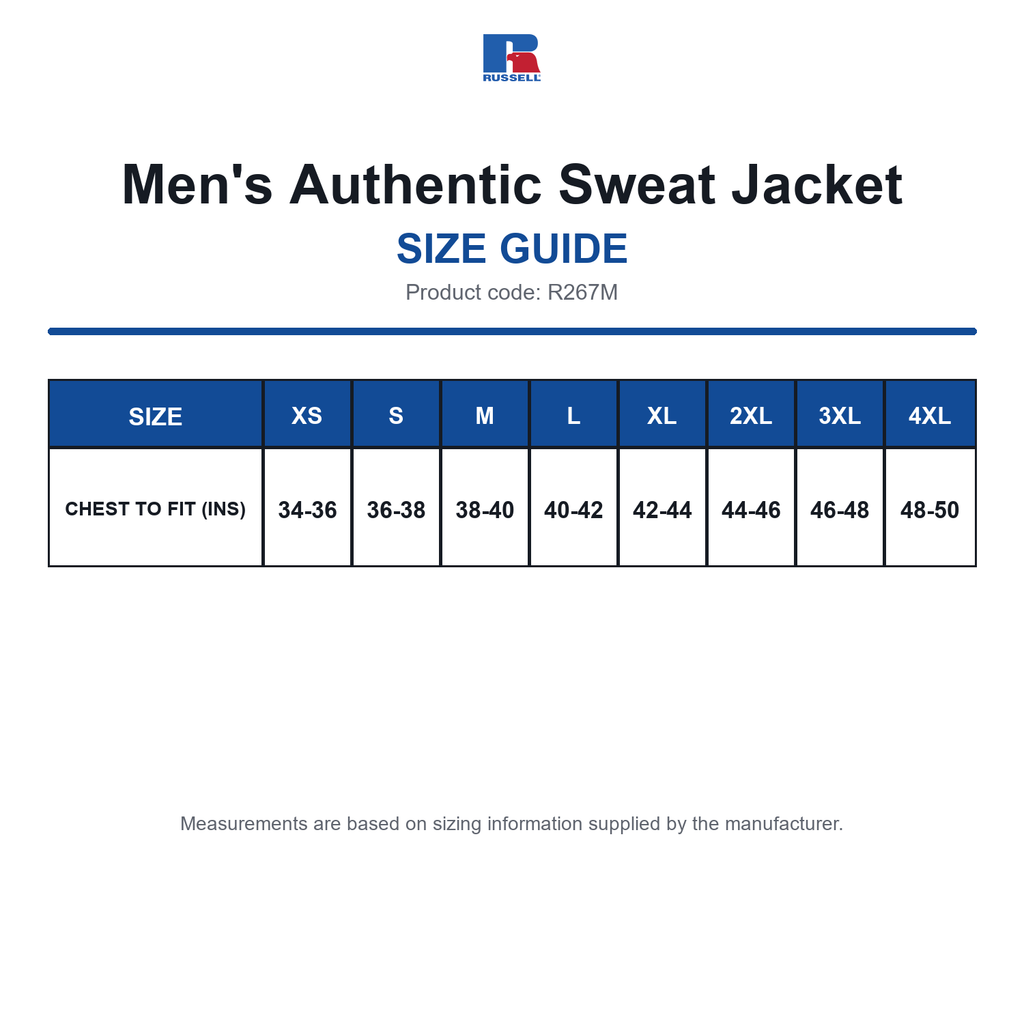 R267M Russell Men's Authentic Sweat Jacket size guide (R267M)