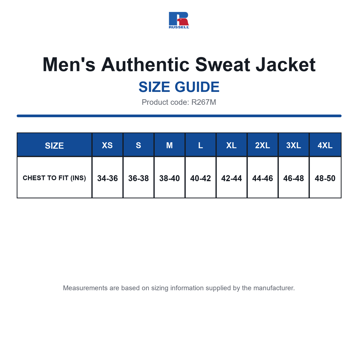 R267M Russell Men's Authentic Sweat Jacket size guide (R267M)