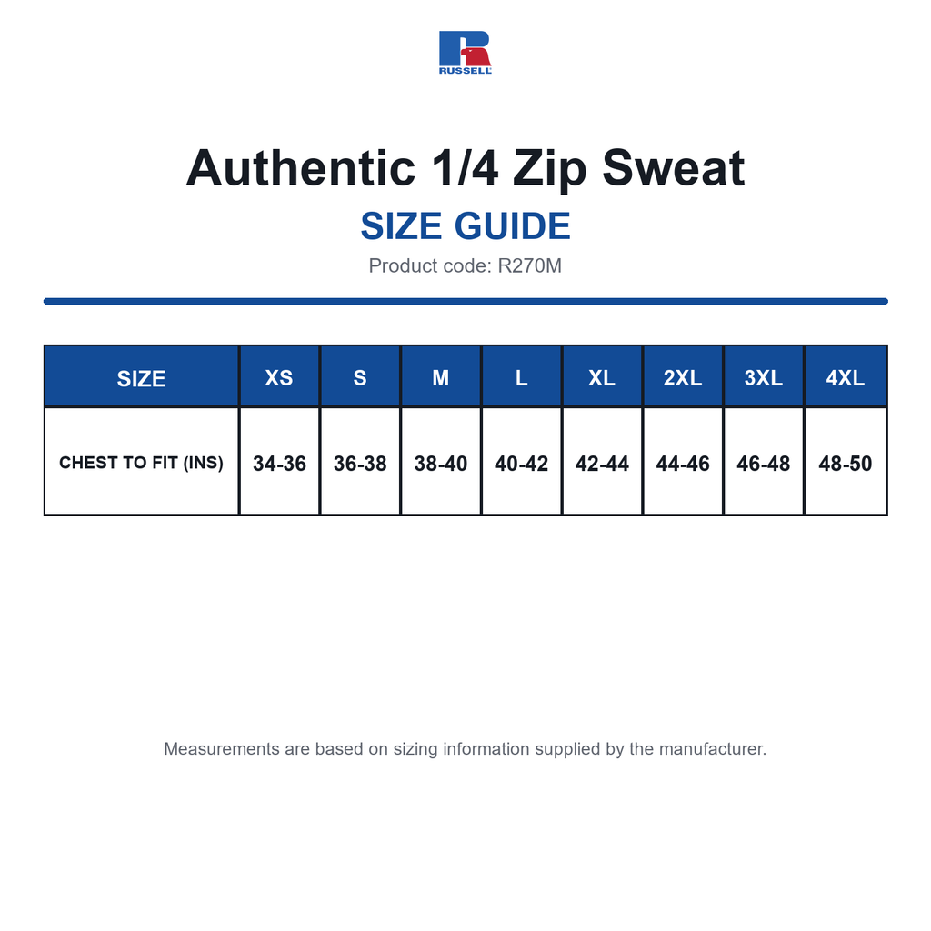 R270M Russell Authentic 1/4 Zip Sweat size guide (R270M)