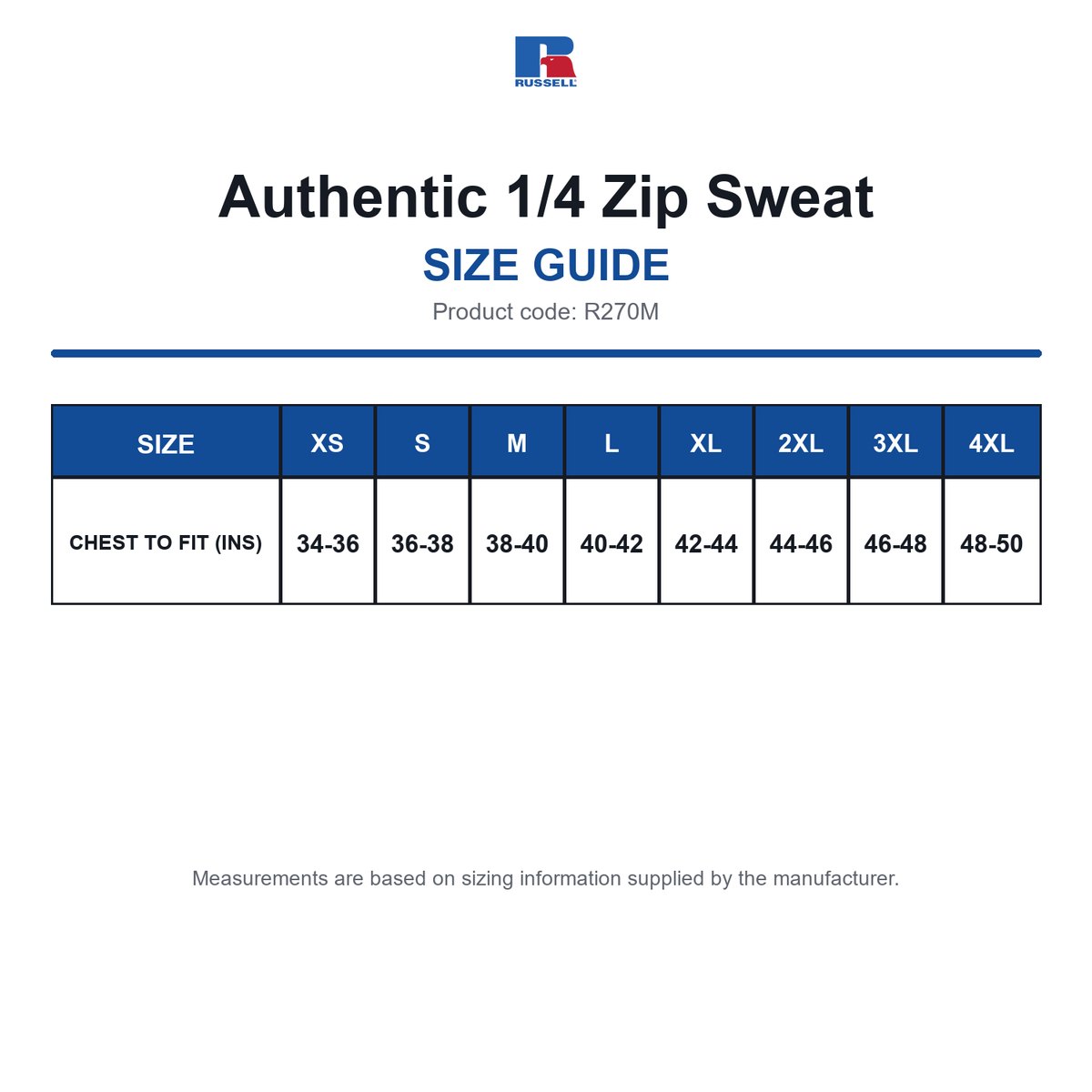 R270M Russell Authentic 1/4 Zip Sweat size guide (R270M)