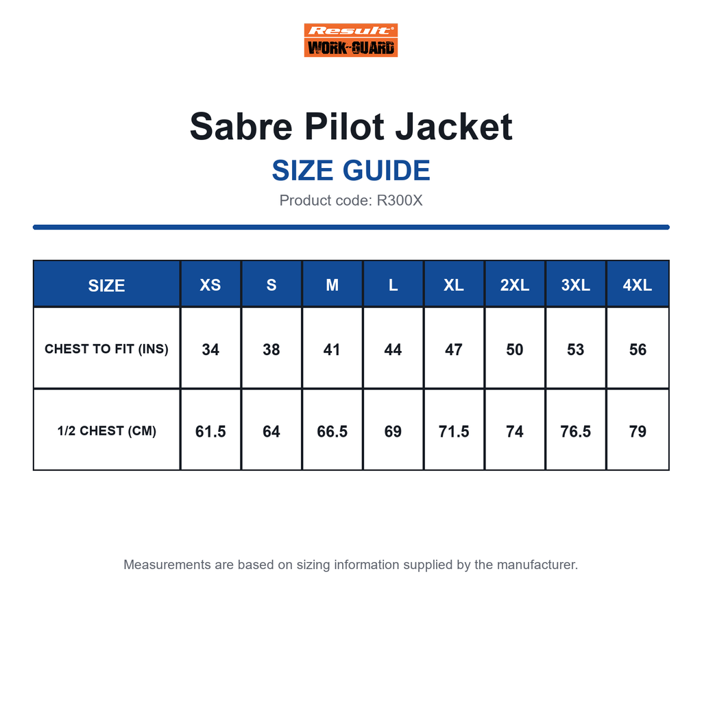R300X Result Workguard Sabre Pilot Jacket size guide (R300X)