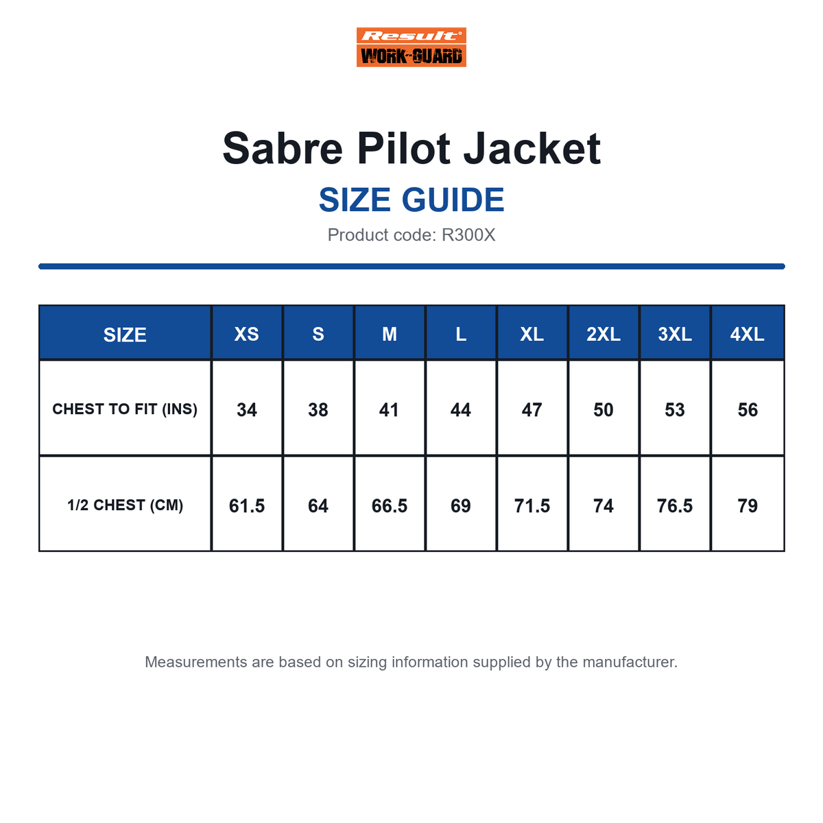 R300X Result Workguard Sabre Pilot Jacket size guide (R300X)