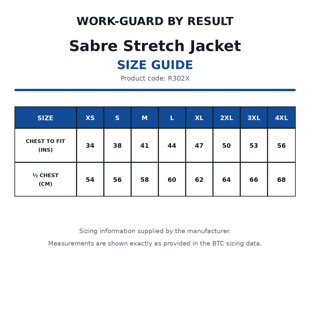 R302X Sabre Stretch Jacket size guide
