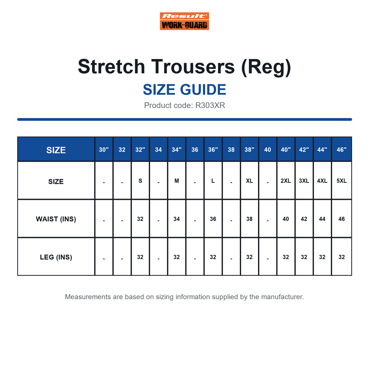 R303XR Result Workguard Stretch Trousers (Reg) size guide (R303XR)