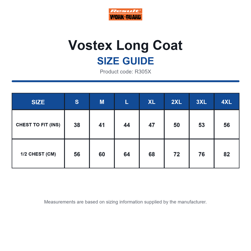 R305X Result Workguard Vostex Long Coat size guide (R305X)