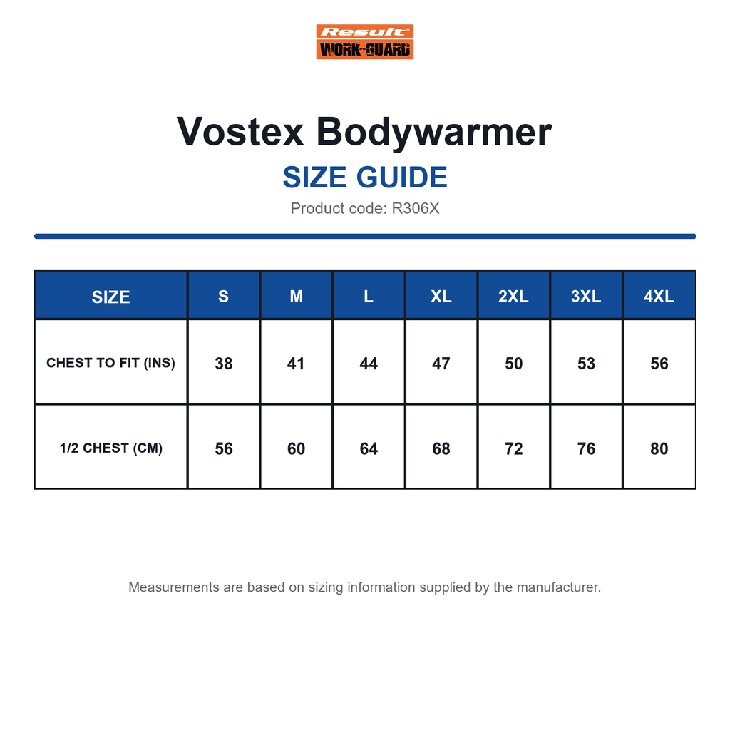 R306X Result Workguard Vostex Bodywarmer size guide (R306X)