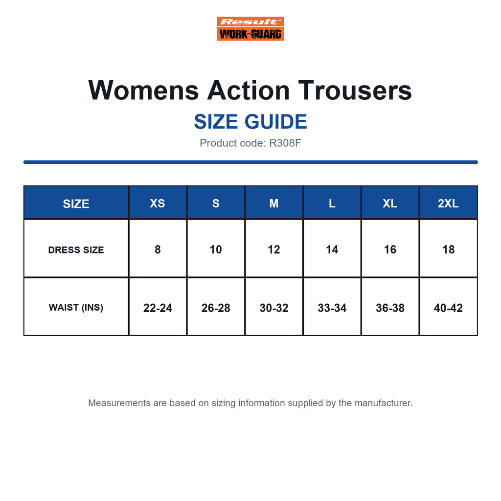 R308F Result Workguard Womens Action Trousers size guide (R308F)