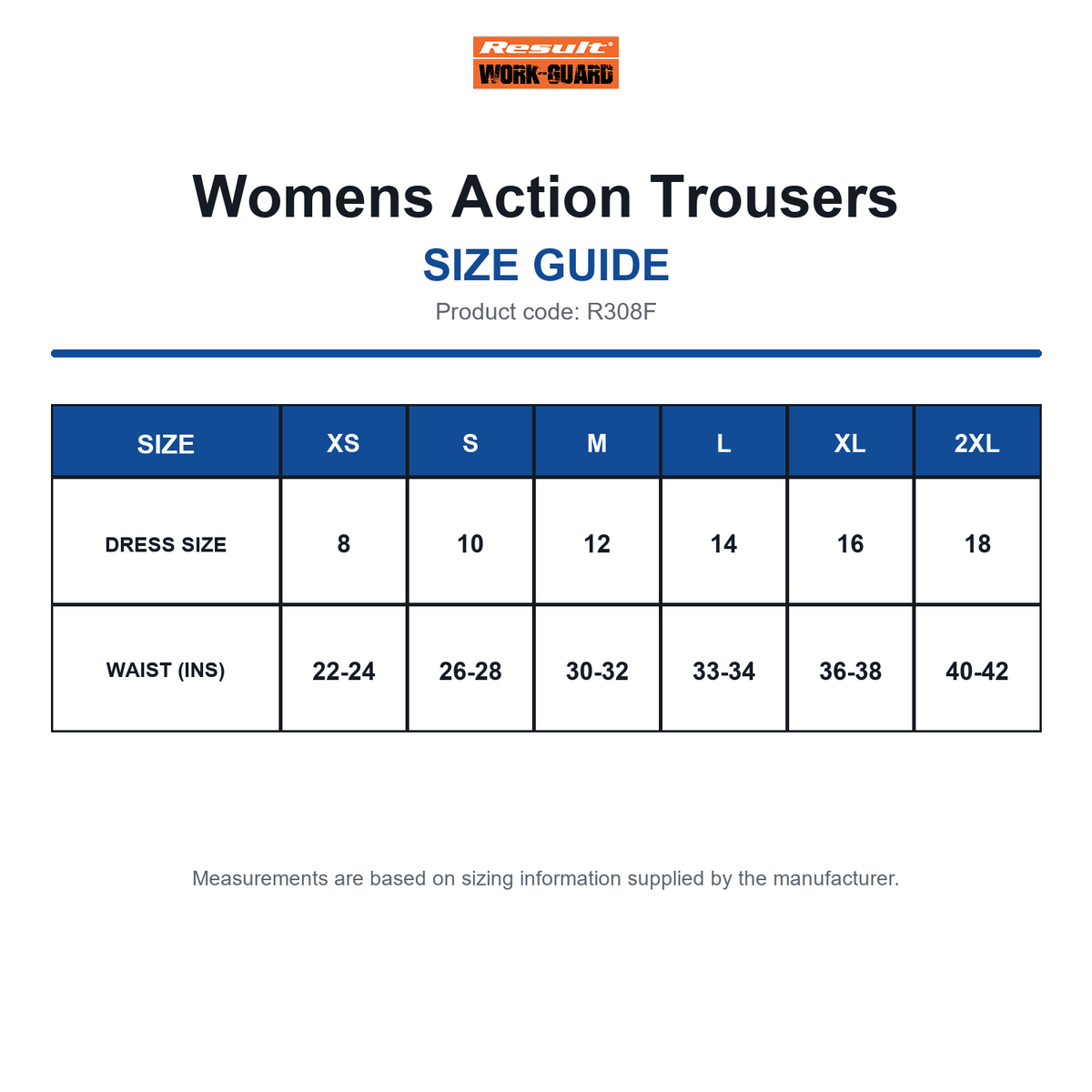 R308F Result Workguard Womens Action Trousers size guide (R308F)