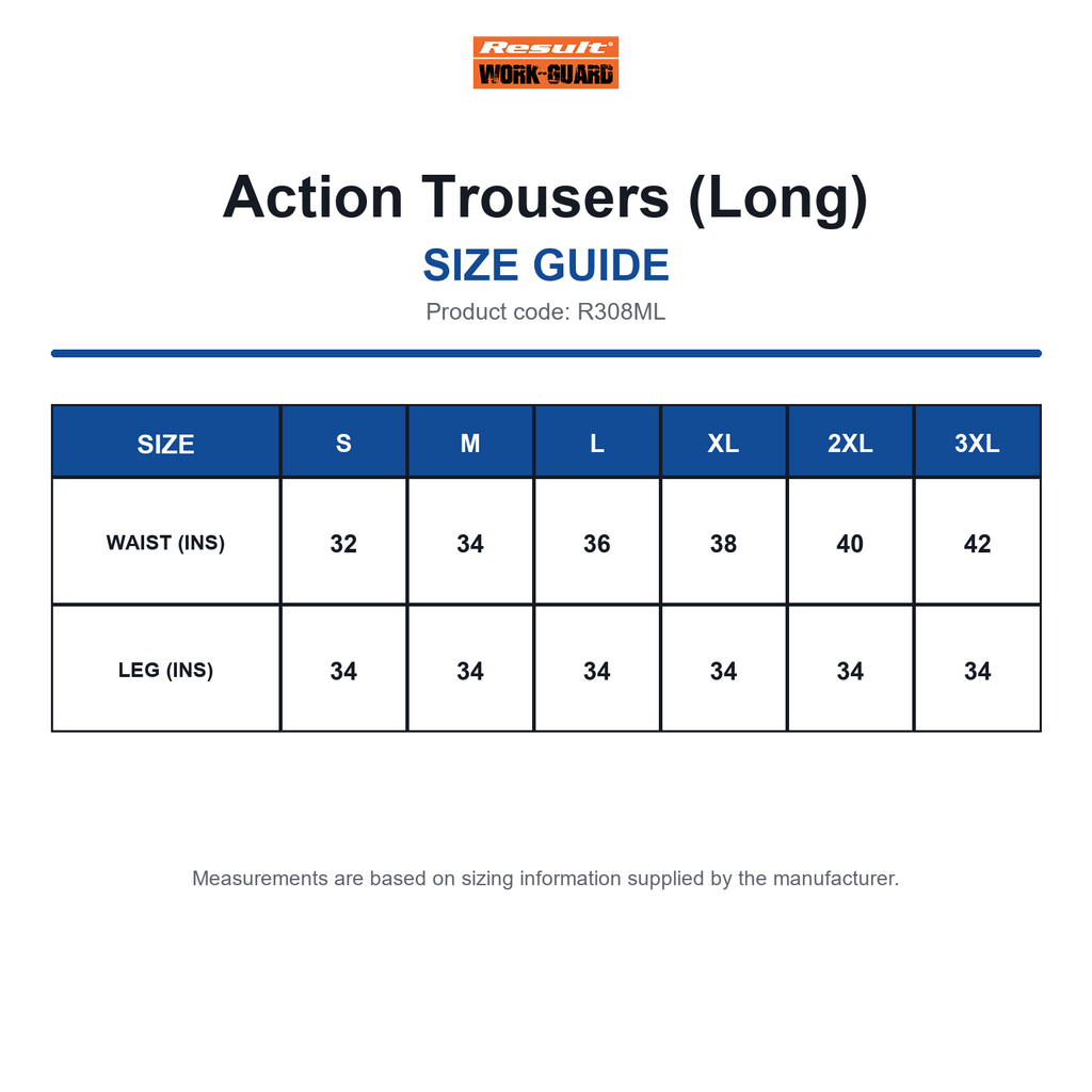 R308ML Result Workguard Action Trousers (Long) size guide (R308ML)
