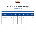R308ML Result Workguard Action Trousers (Long) size guide (R308ML)