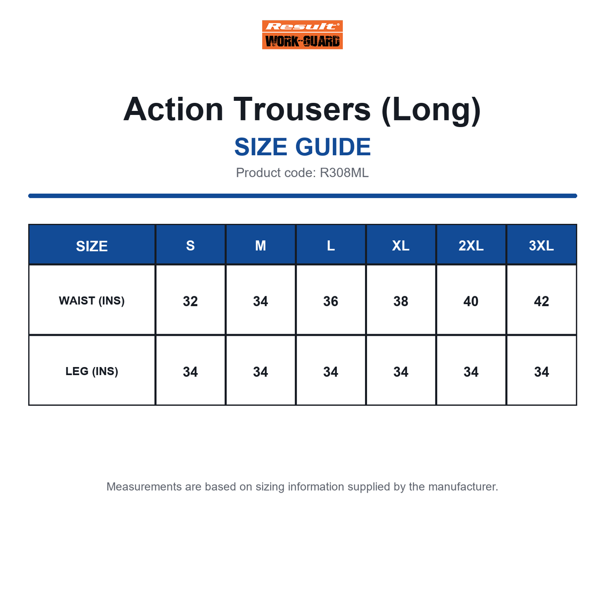 R308ML Result Workguard Action Trousers (Long) size guide (R308ML)