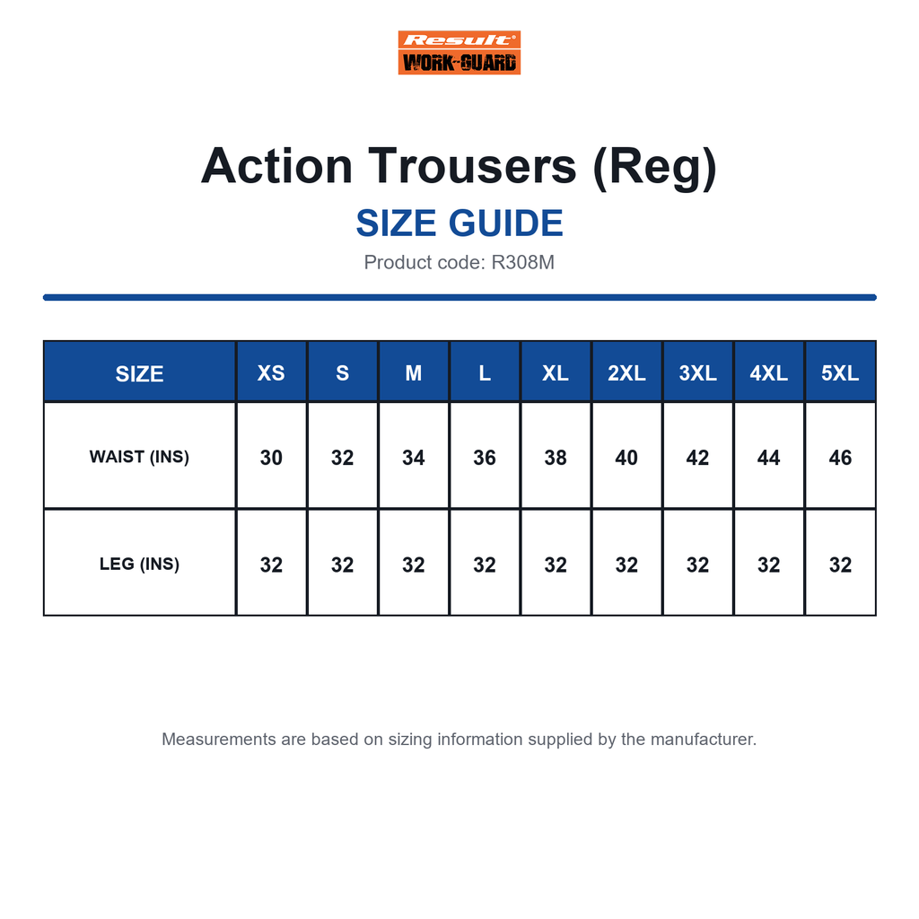 R308M Result Workguard Action Trousers (Reg) size guide (R308M)