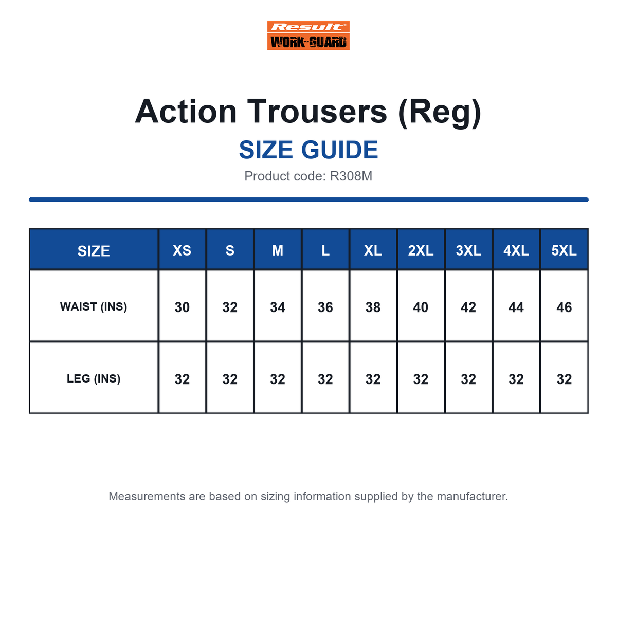 R308M Result Workguard Action Trousers (Reg) size guide (R308M)