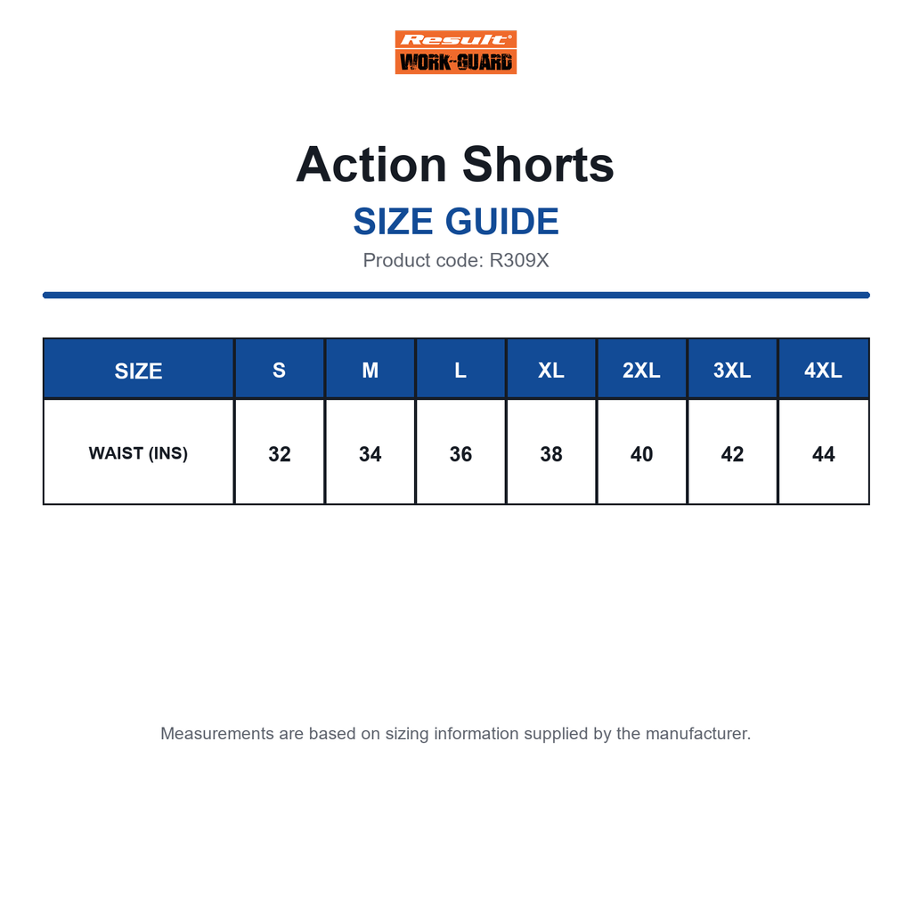 R309X Result Workguard Action Shorts size guide (R309X)