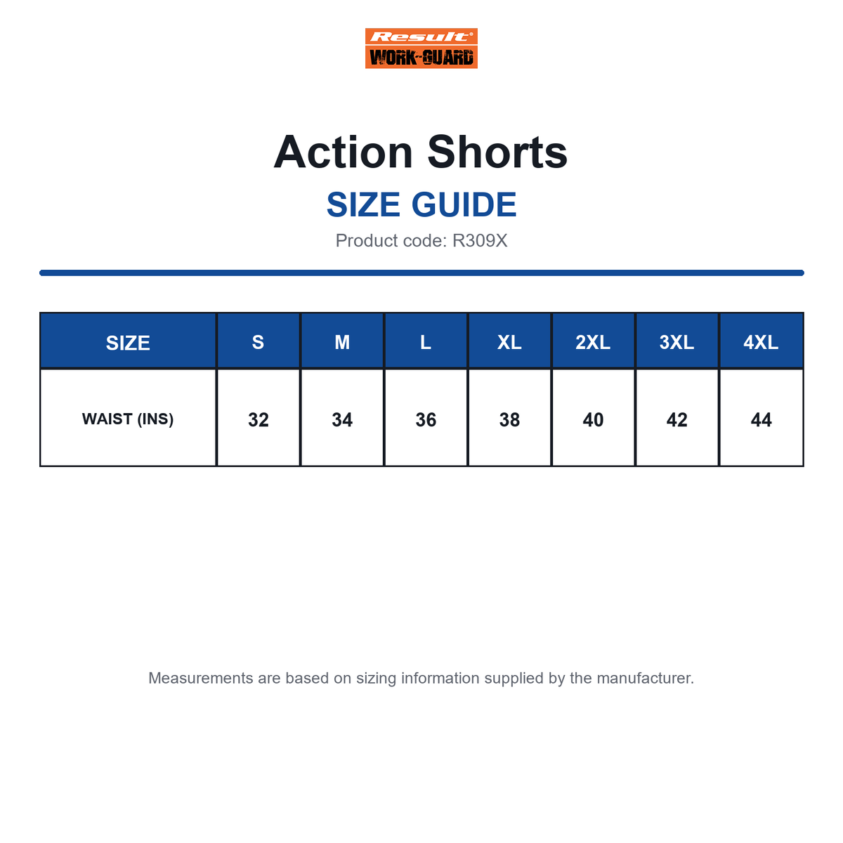 R309X Result Workguard Action Shorts size guide (R309X)