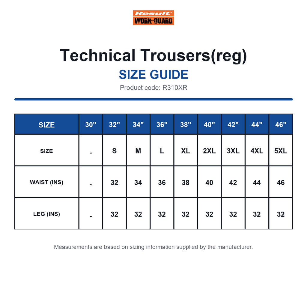R310XR Result Workguard Technical Trousers(reg) size guide (R310XR)